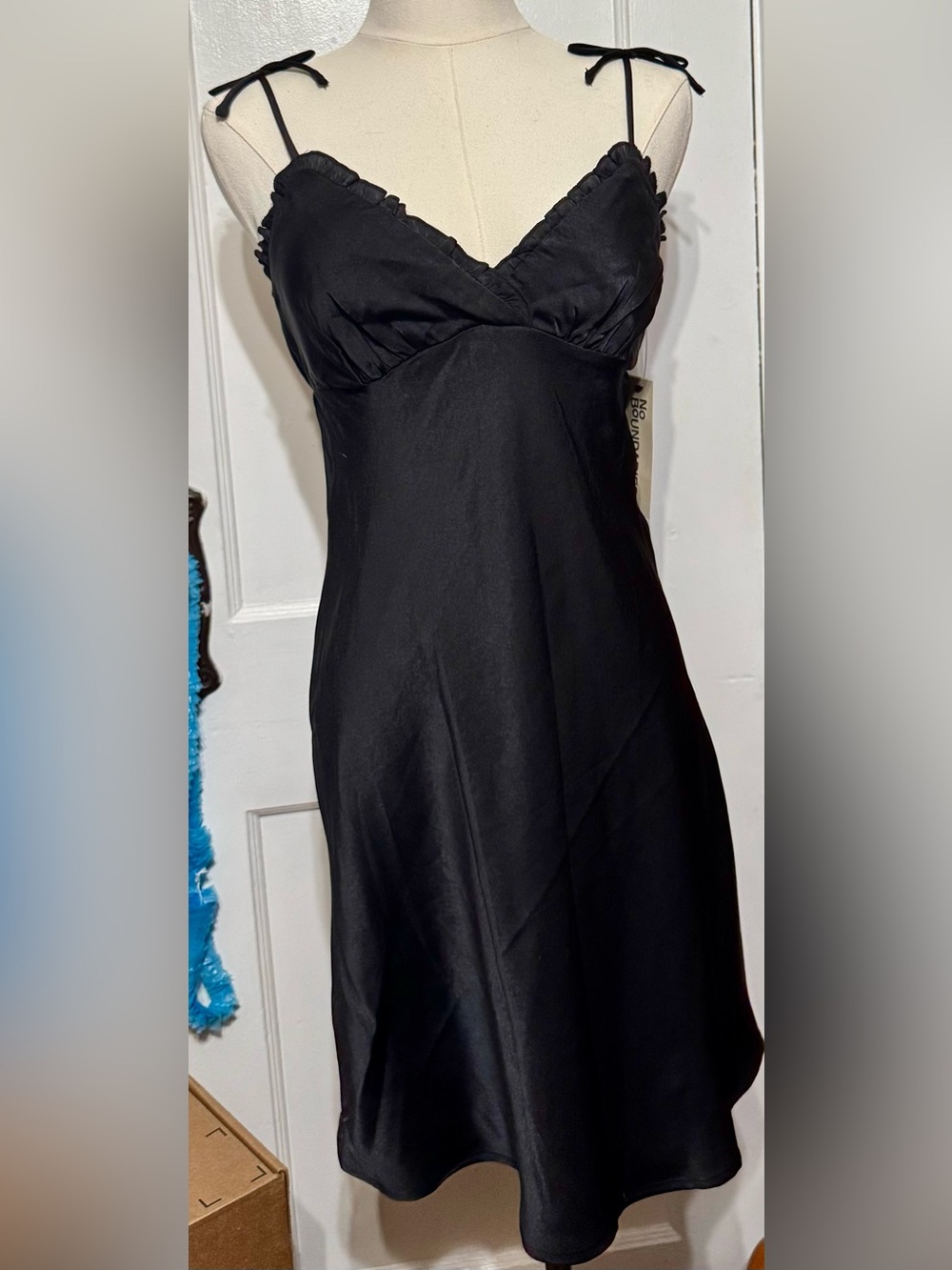 No Boundaries Black Satin Slip Dress with Tie Straps